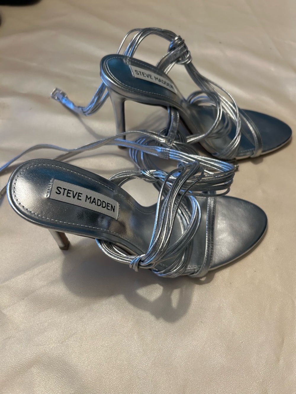 Steve Madden Metallic Silver Strappy Lace-Up Heels